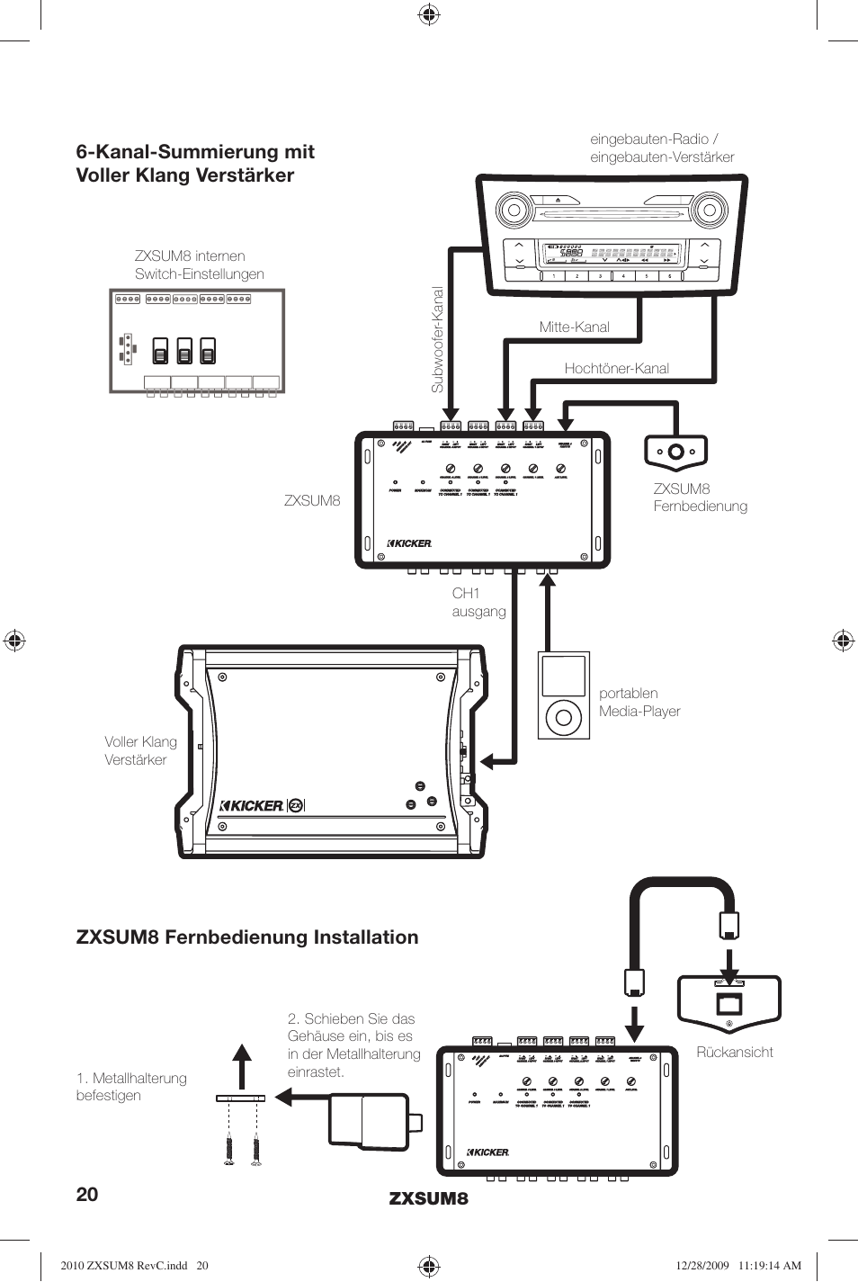 Kanal-summierung mit voller klang verstärker, Zxsum8 fernbedienung installation | Kicker ZXSUM8 User Manual | Page 20 / 32