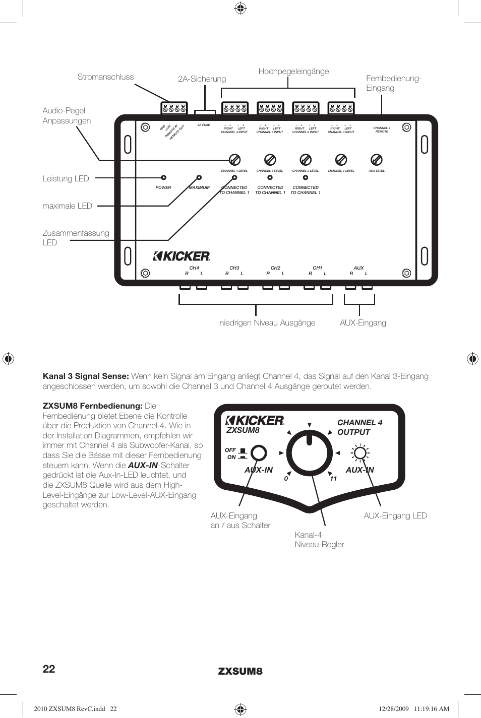 Zxsum8, Zxsum8 aux-in, Aux-in channel 4 output | Kicker ZXSUM8 User Manual | Page 22 / 32