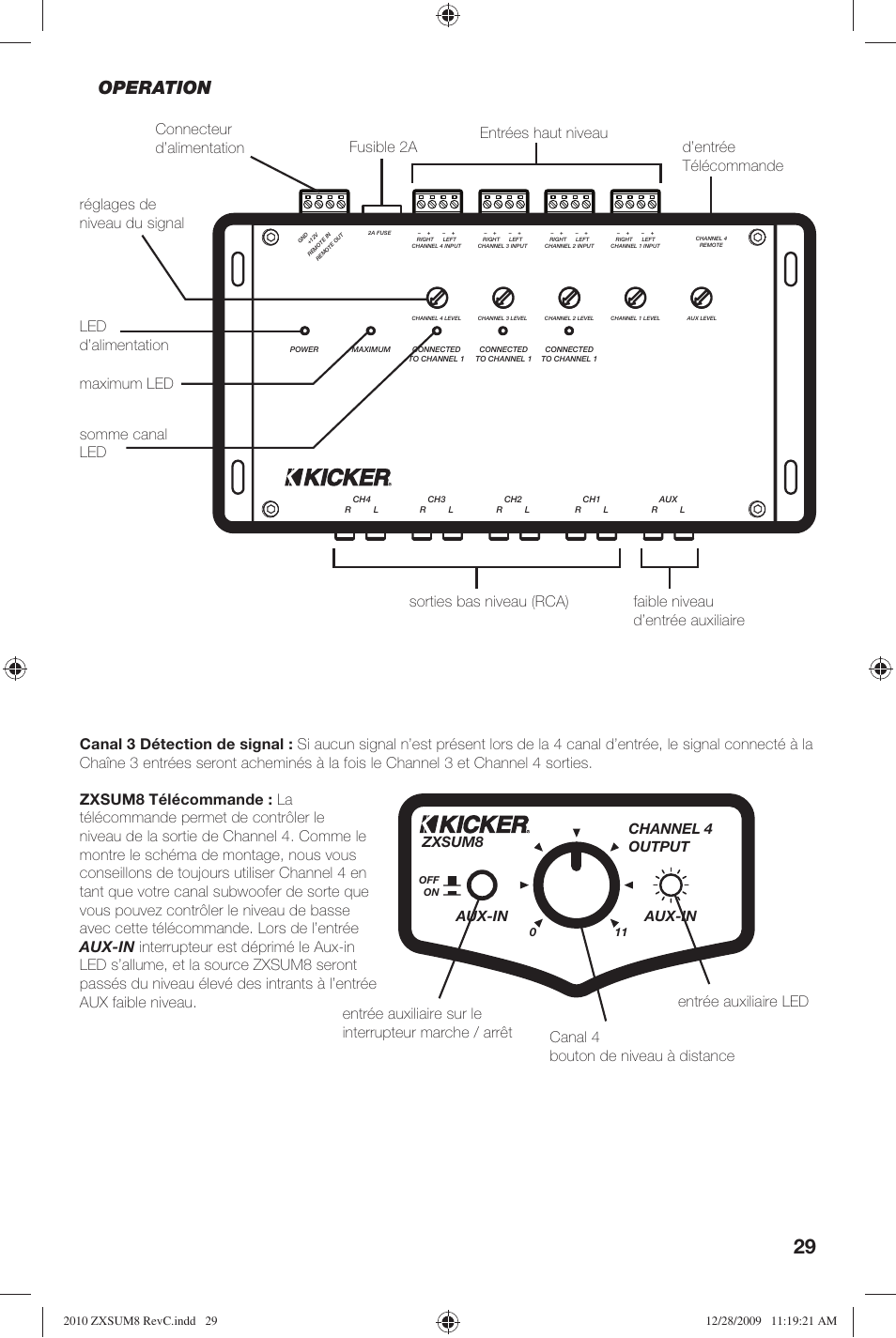 Operation, Zxsum8 aux-in, Aux-in channel 4 output | Kicker ZXSUM8 User Manual | Page 29 / 32