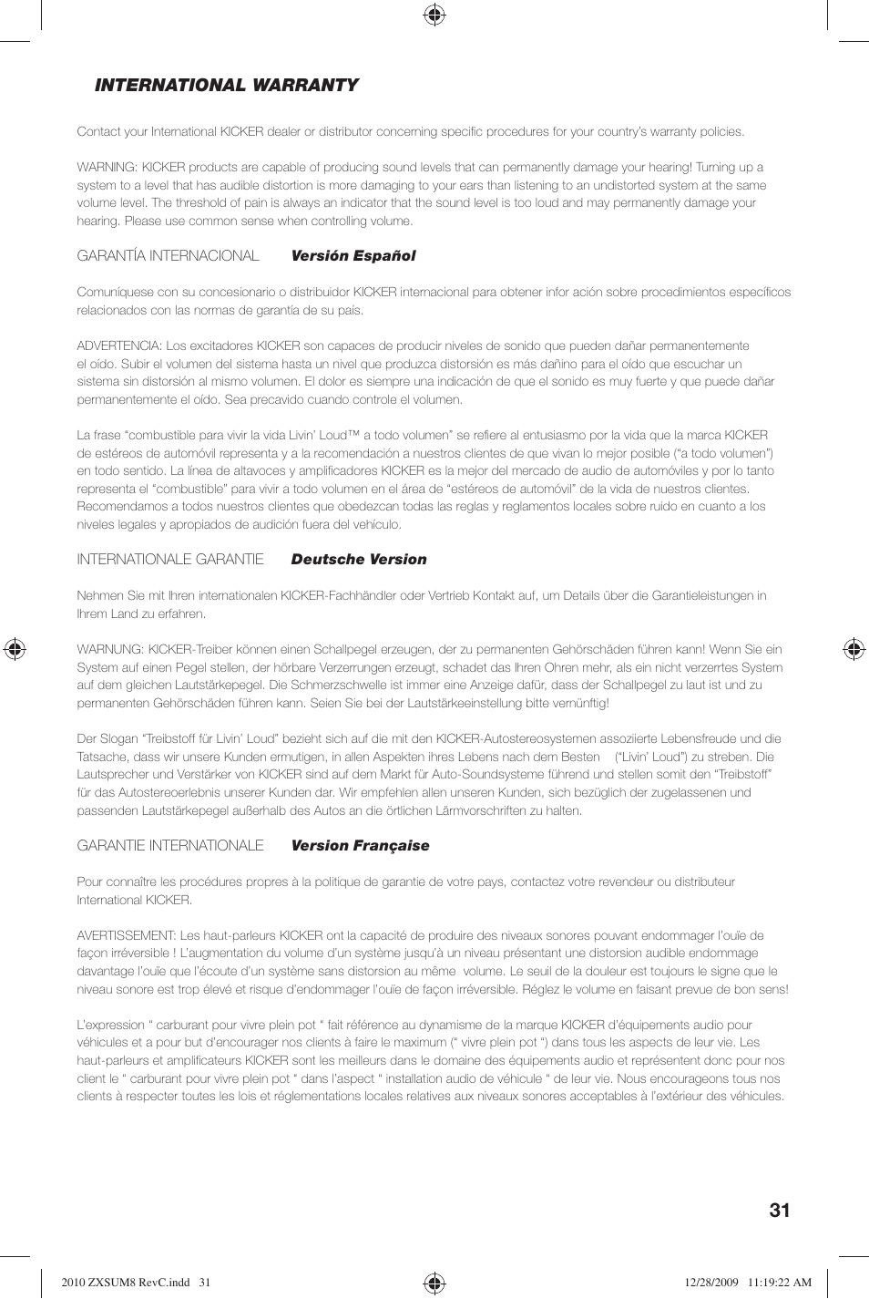 International warranty | Kicker ZXSUM8 User Manual | Page 31 / 32