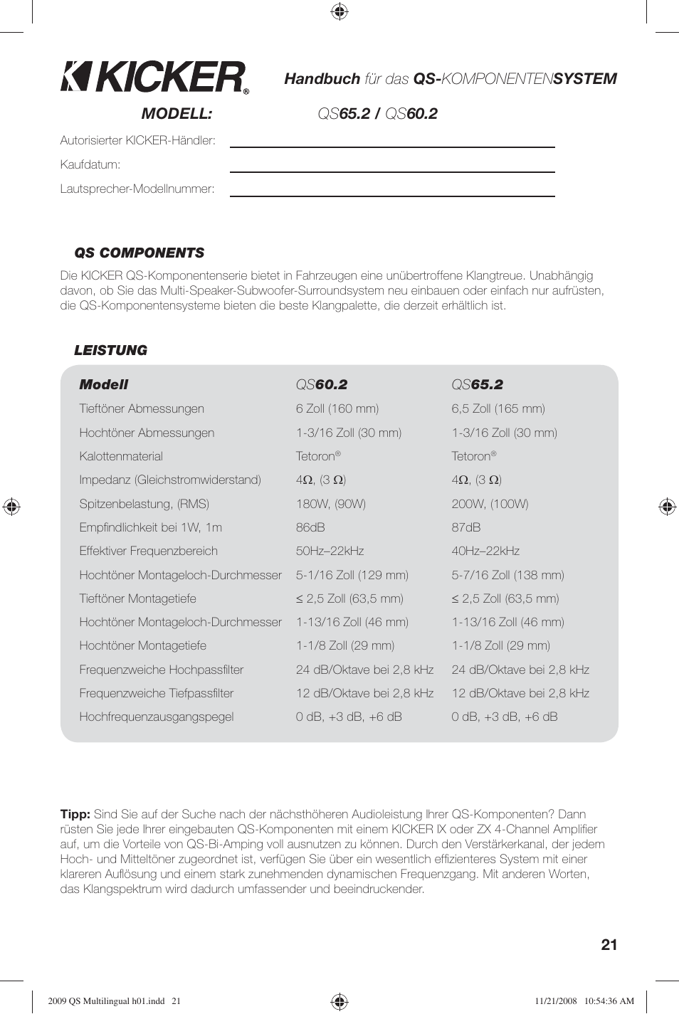 21 handbuch für das qs- komponenten system | Kicker QS60.2 User Manual | Page 21 / 40
