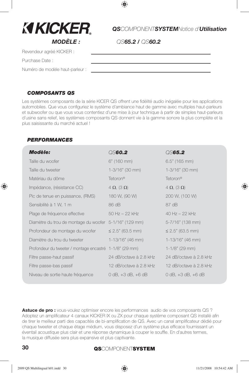 Qs component system notice d’ utilisation | Kicker QS60.2 User Manual | Page 30 / 40