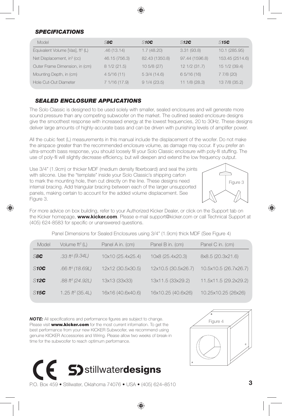 Stillwater designs, Specifications sealed enclosure applications | Kicker S10C User Manual | Page 3 / 12