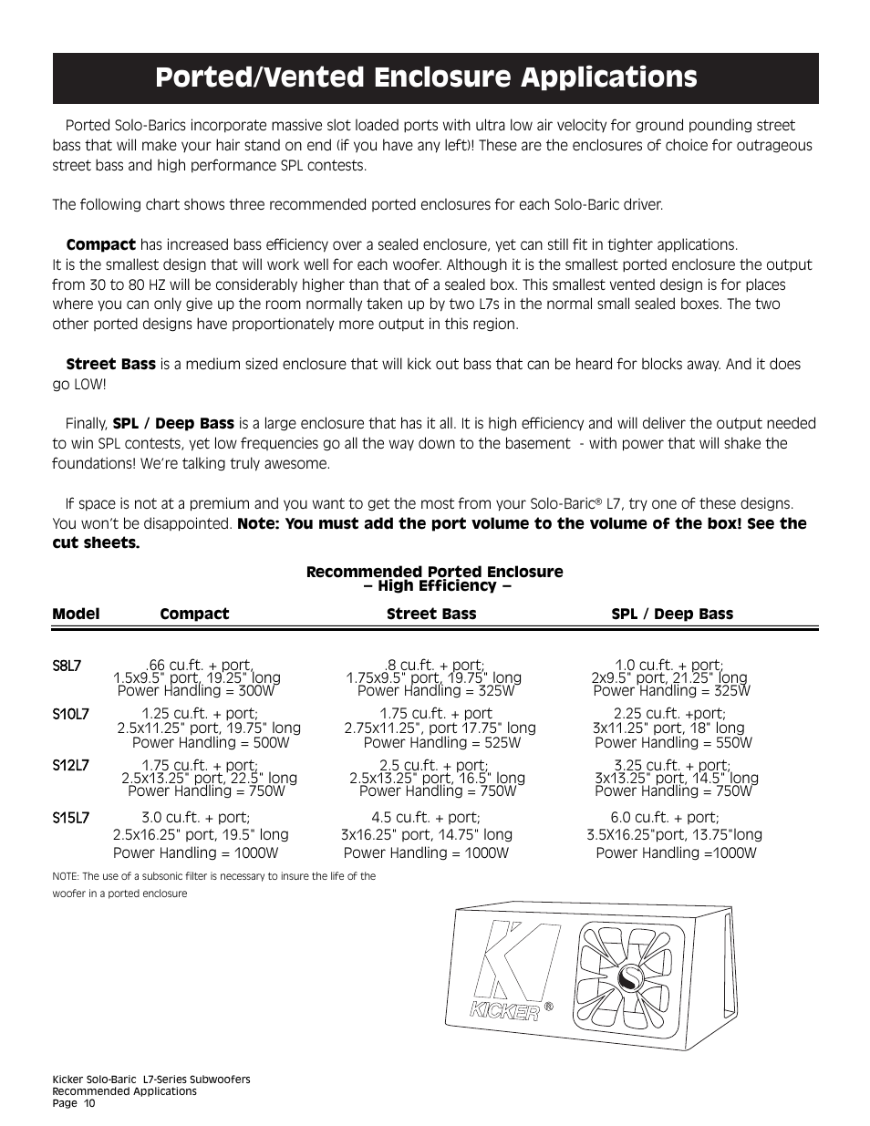 Ported/vented enclosure applications | Kicker L7 User Manual | Page 10 / 36