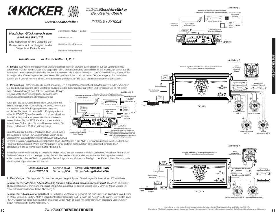 Installation . . . in drei schritten 1, 2, 3, Herzlichen glückwunsch zum kauf des kicker | Kicker ZX700.5 User Manual | Page 6 / 10