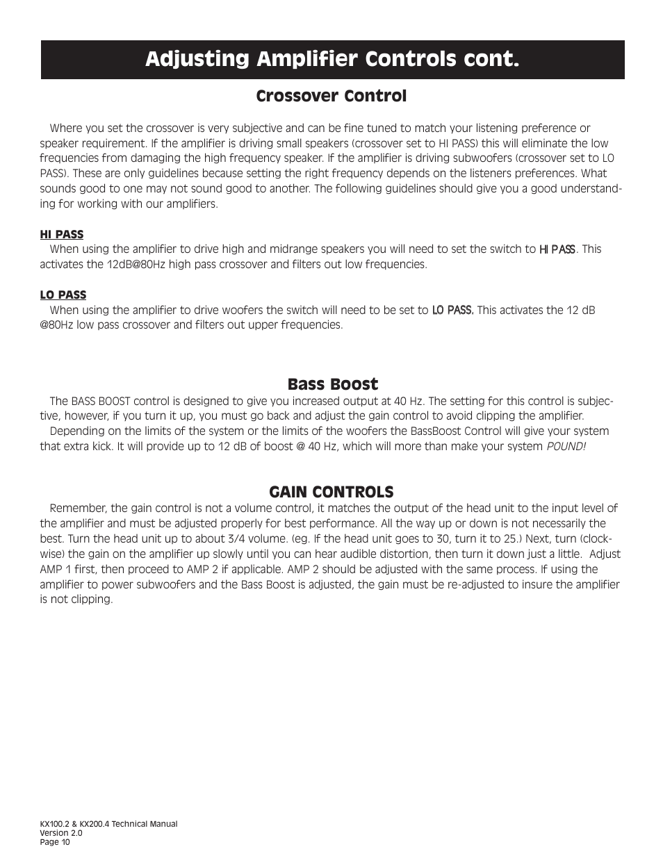 Adjusting amplifier controls cont, Crossover control, Bass boost | Gain controls | Kicker KX200.4 User Manual | Page 10 / 20