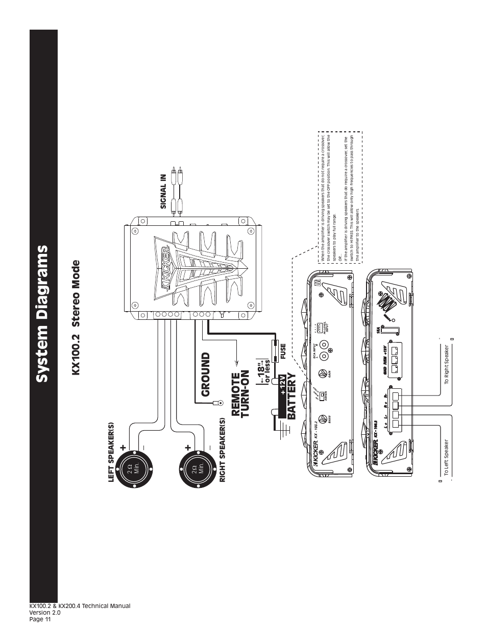 Sy stem diagrams, Gr ound remo te turn-on ba t ter y, Kx 100. 2 stereo mode | Kicker KX200.4 User Manual | Page 11 / 20