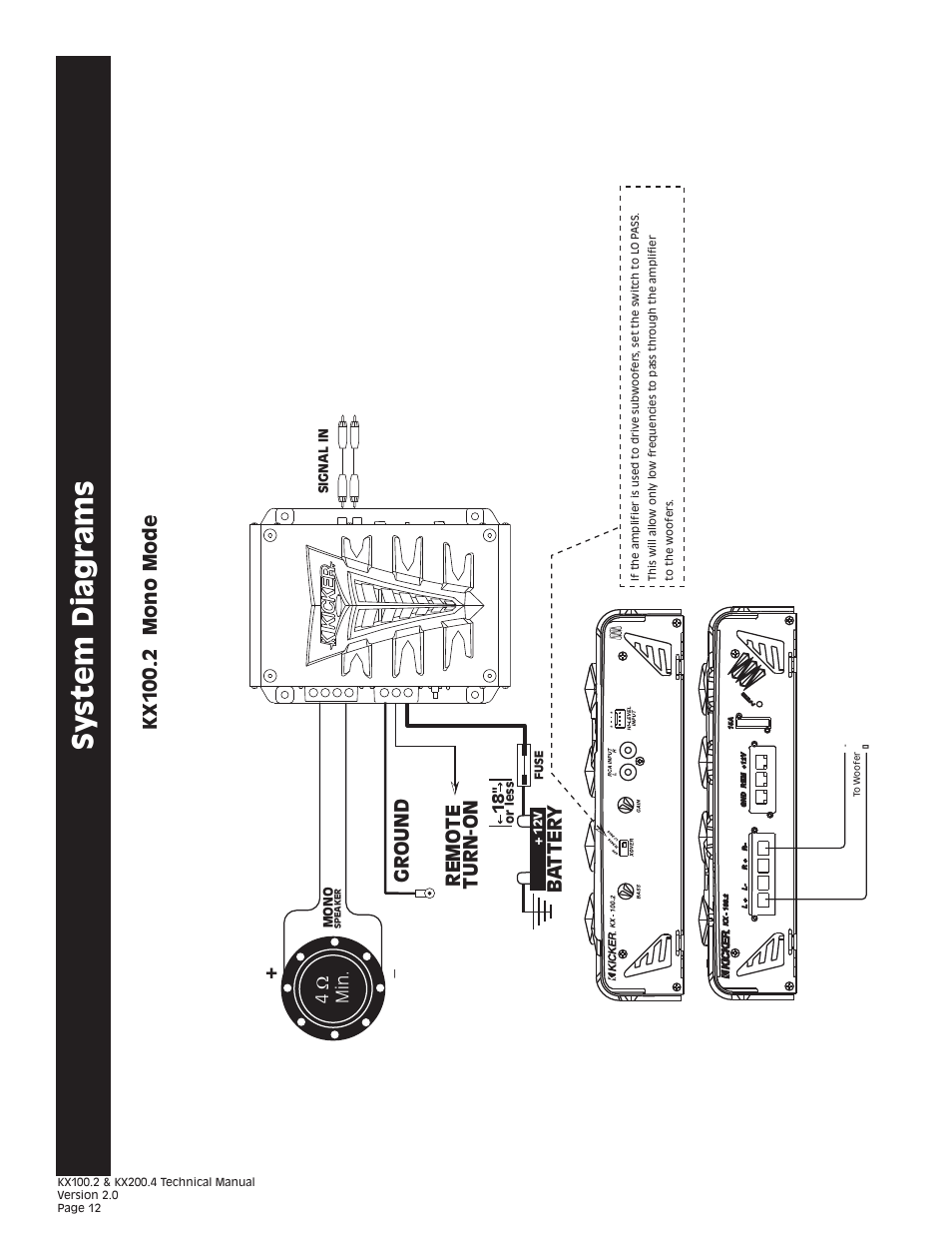 Sy stem diagrams, Gr ound remo te turn-on ba t ter y, Kx 100. 2 mono mode | 4ω min | Kicker KX200.4 User Manual | Page 12 / 20