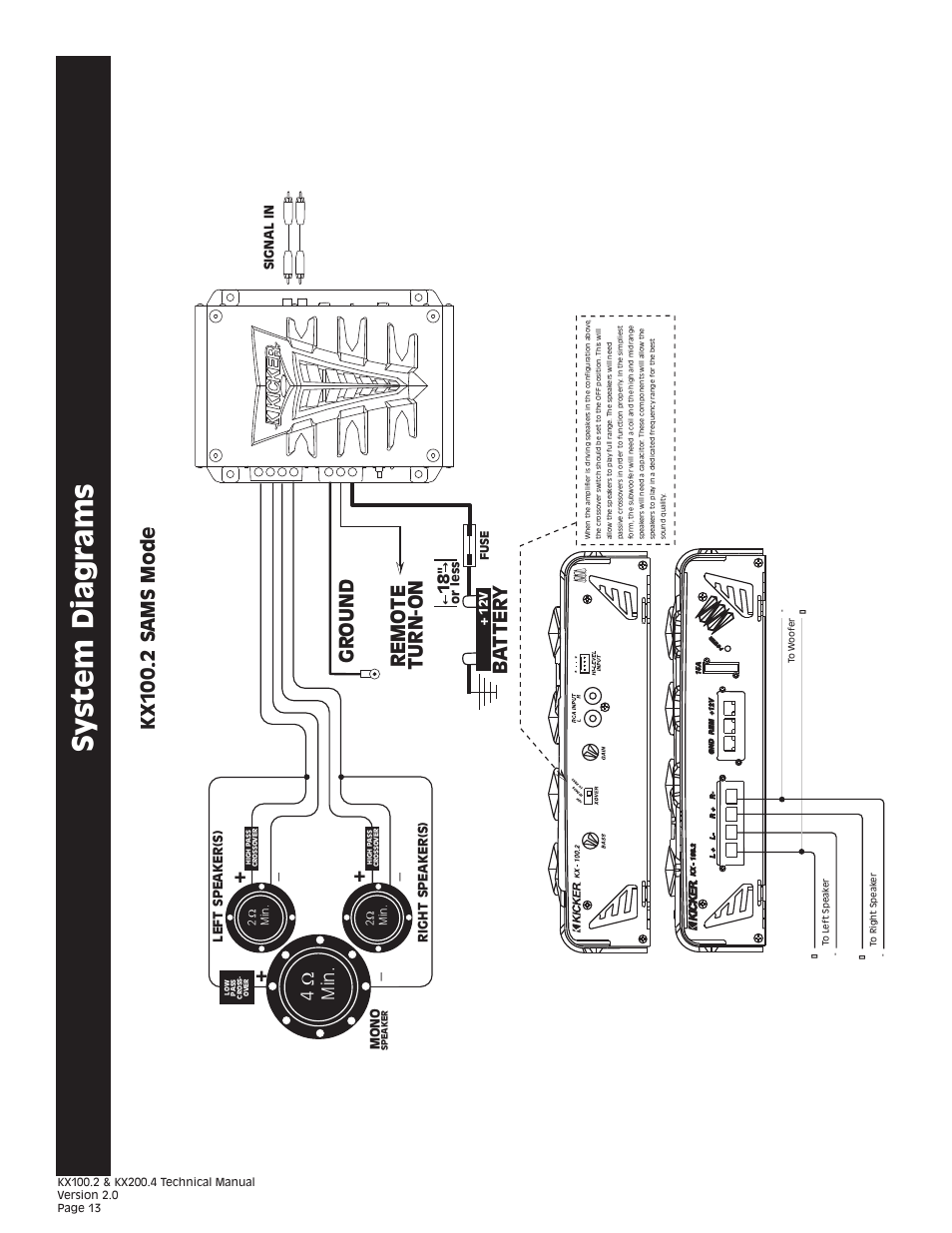 Sy stem diagrams, Gr ound remo te turn-on ba t ter y, Kx 100. 2 s ams mode | 4ω min | Kicker KX200.4 User Manual | Page 13 / 20