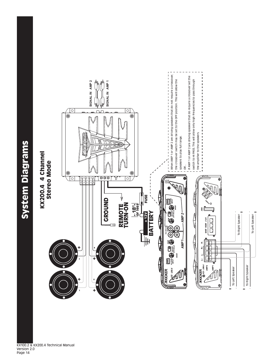 Sy stem diagrams, Gr ound remo te turn-on ba t ter y | Kicker KX200.4 User Manual | Page 14 / 20