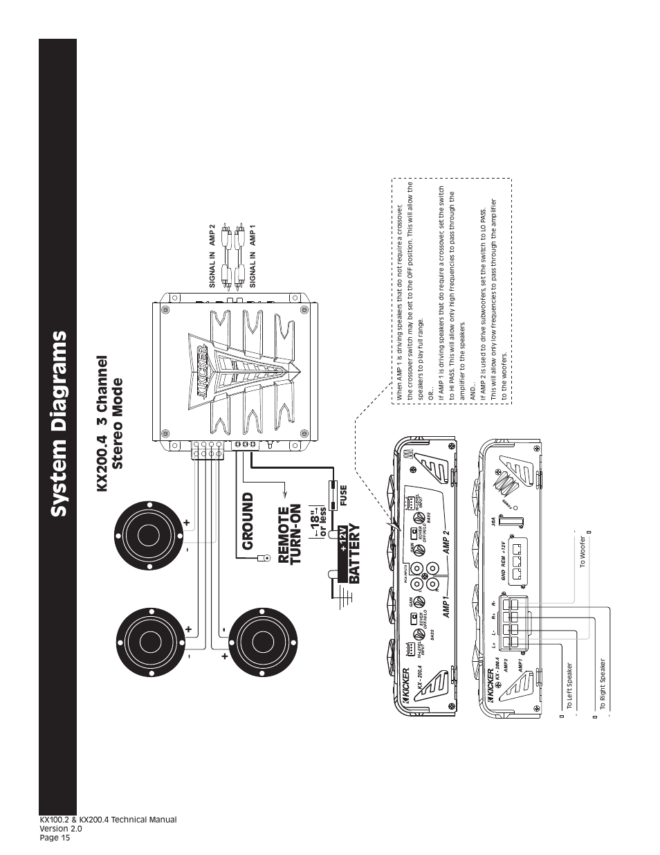 Sy stem diagrams, Gr ound remo te turn-on ba t ter y | Kicker KX200.4 User Manual | Page 15 / 20
