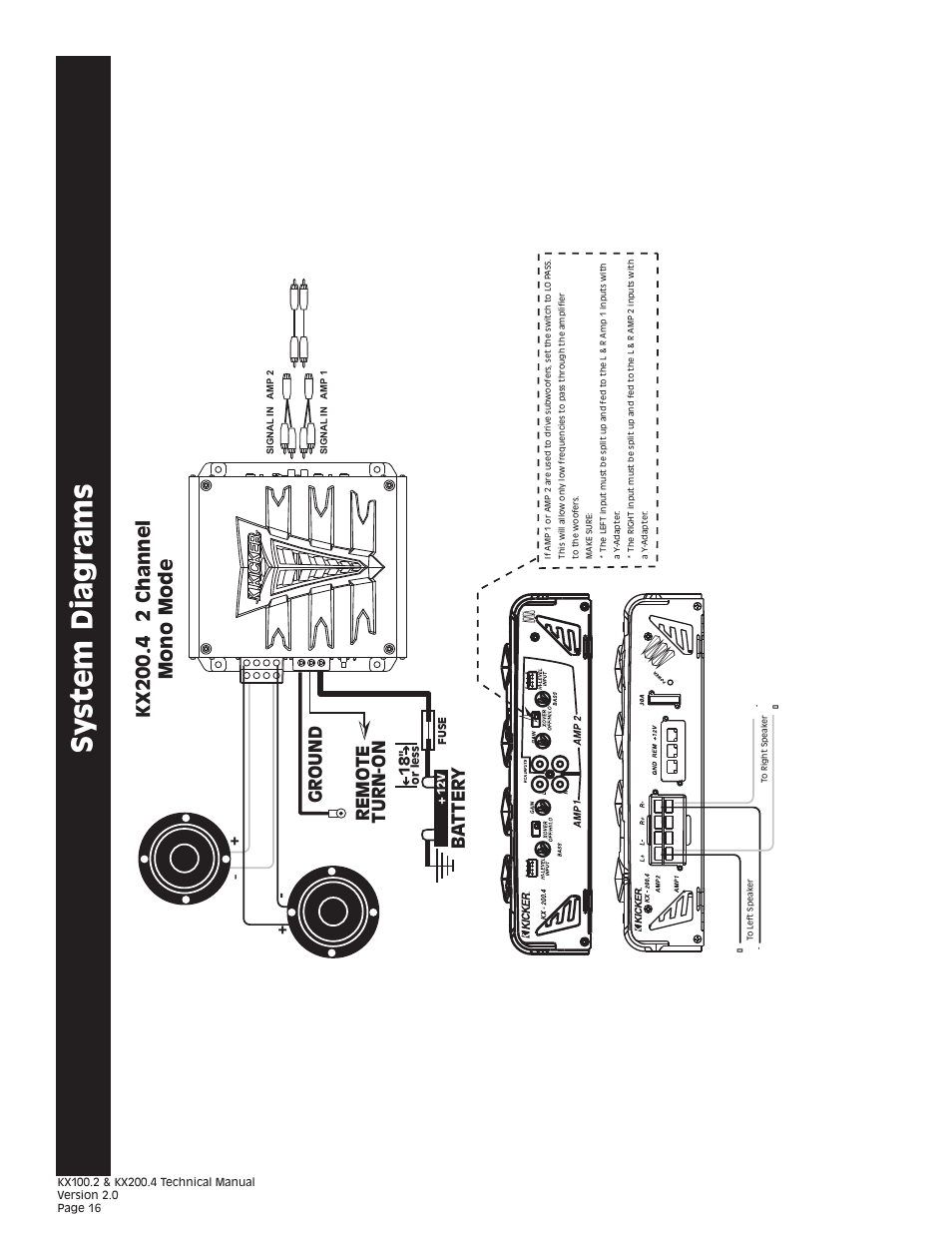 Sy stem diagrams, Gr ound remo te turn-on ba t ter y | Kicker KX200.4 User Manual | Page 16 / 20