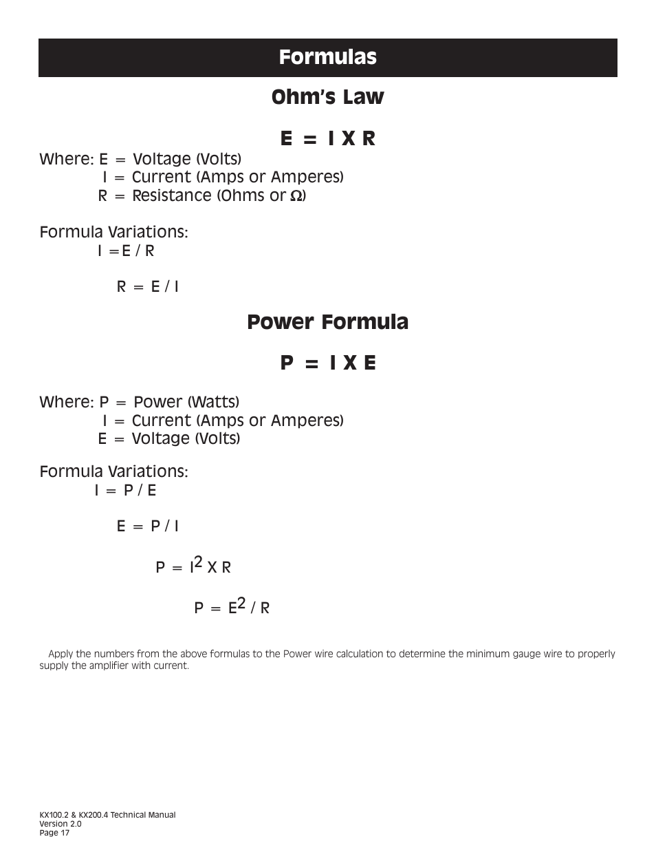 Formulas, Ohm’s law e = i x r, Power formula p = i x e | Kicker KX200.4 User Manual | Page 17 / 20