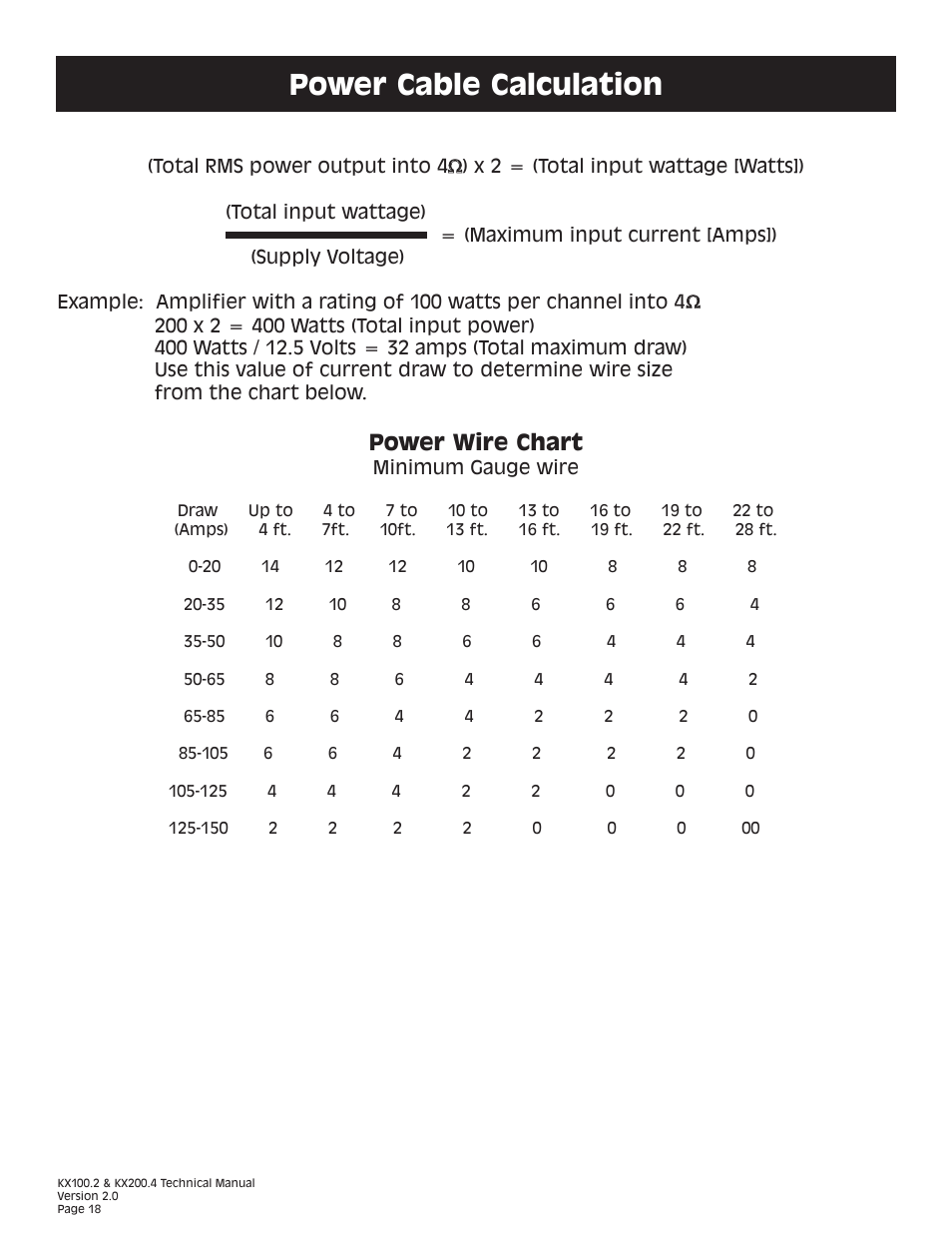 Power cable calculation, Power wire chart | Kicker KX200.4 User Manual | Page 18 / 20