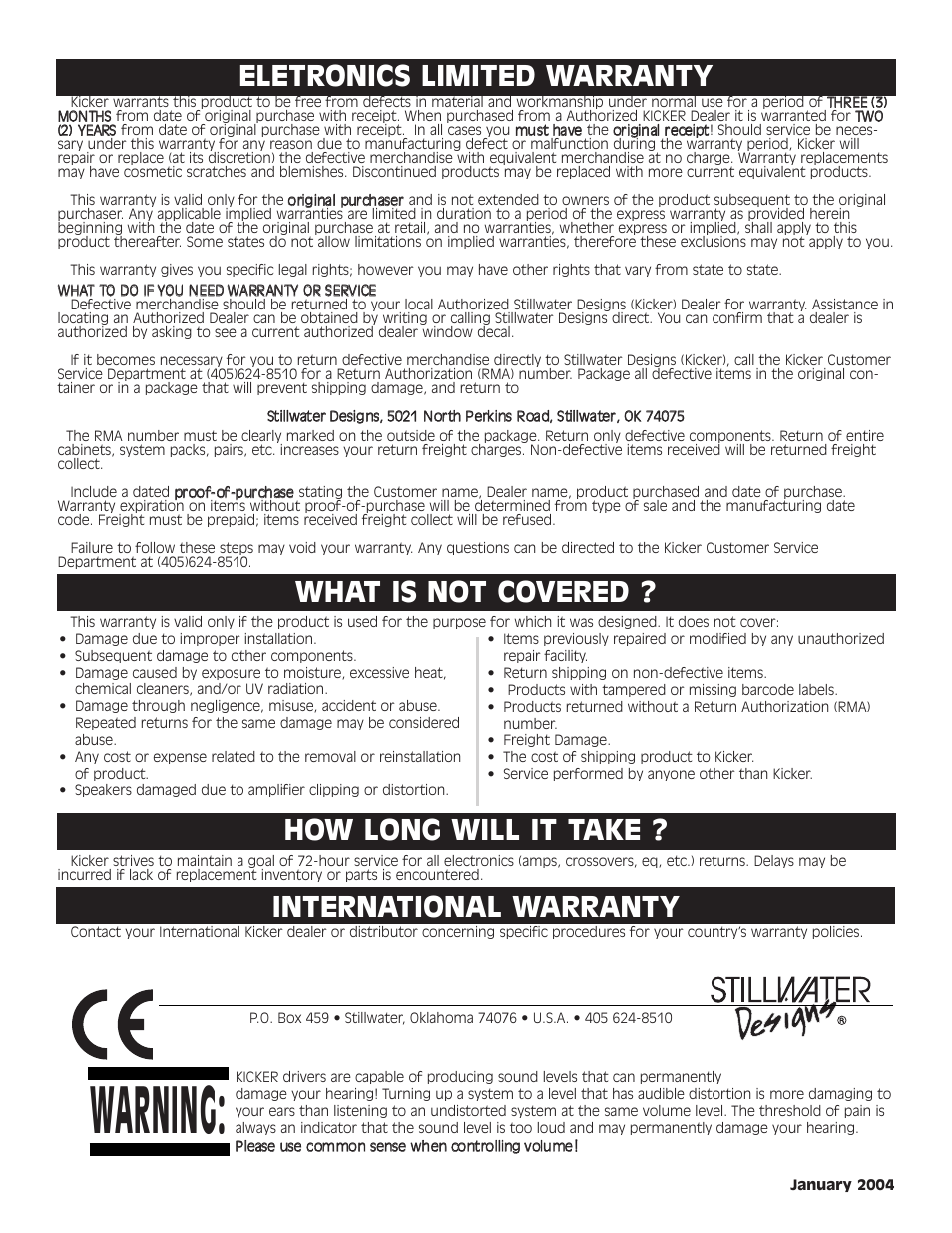Warning, Eletronics limited warranty, What is not covered | How long will it take, International warranty | Kicker KX200.4 User Manual | Page 19 / 20