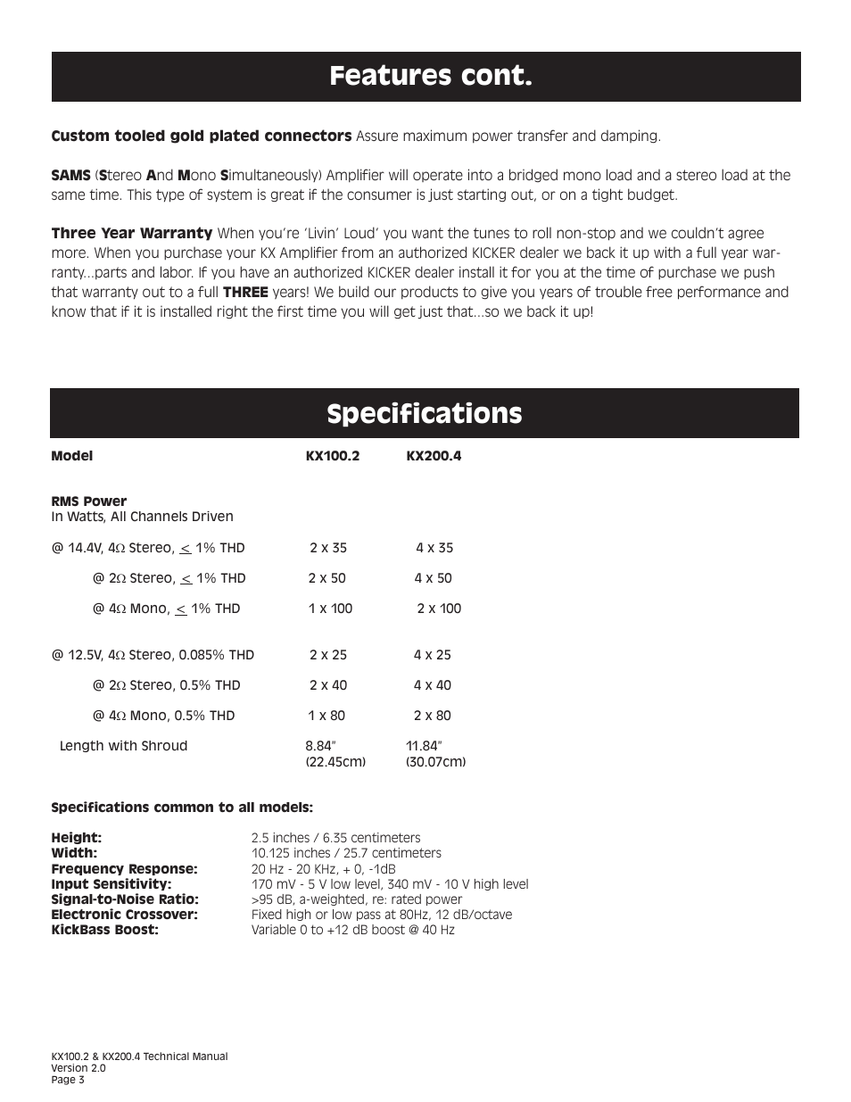Features cont, Specifications | Kicker KX200.4 User Manual | Page 3 / 20