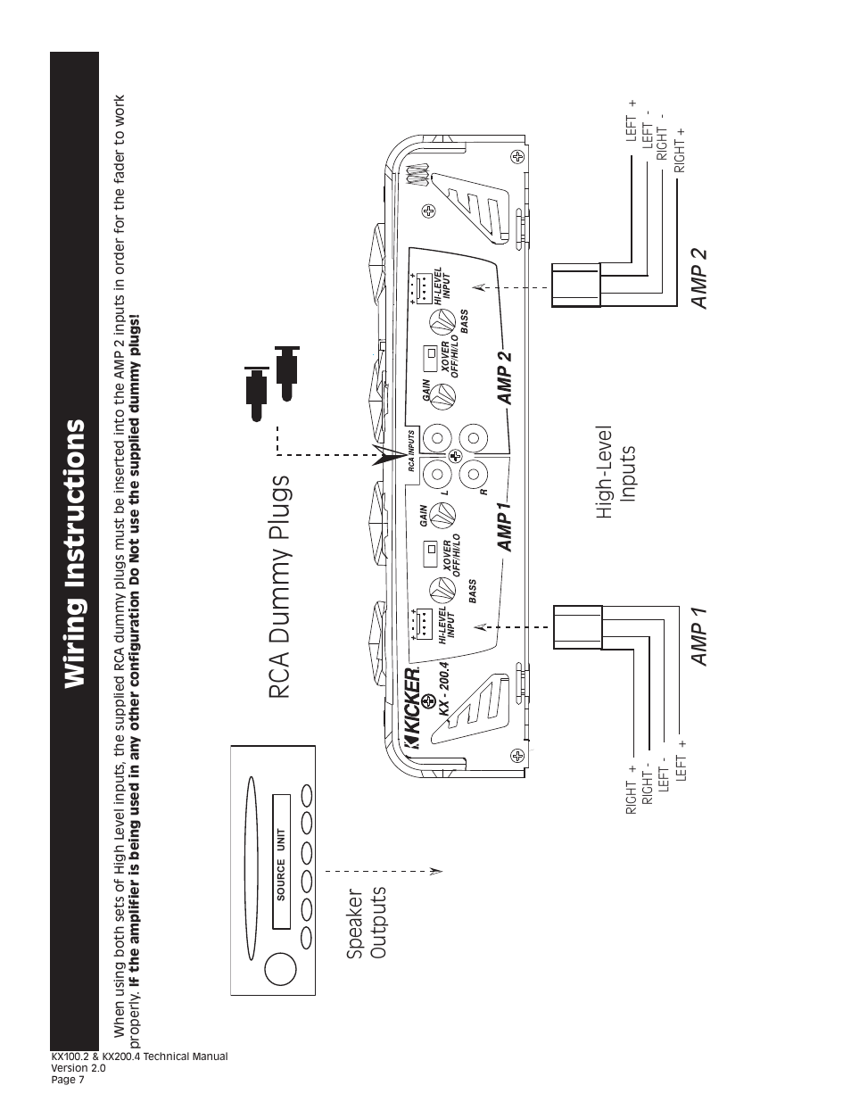Rca dummy plugs, Wiring instructions, Speaker outputs | Amp 1 amp 2 high-level inputs | Kicker KX200.4 User Manual | Page 7 / 20