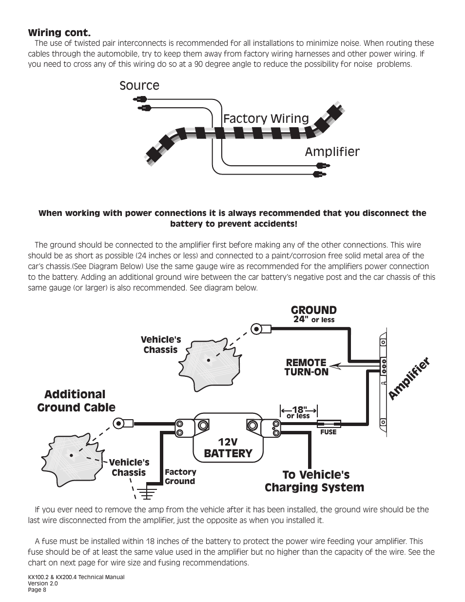 Source amplifier factory wiring, Ground, Battery | Additional ground cable | Kicker KX200.4 User Manual | Page 8 / 20