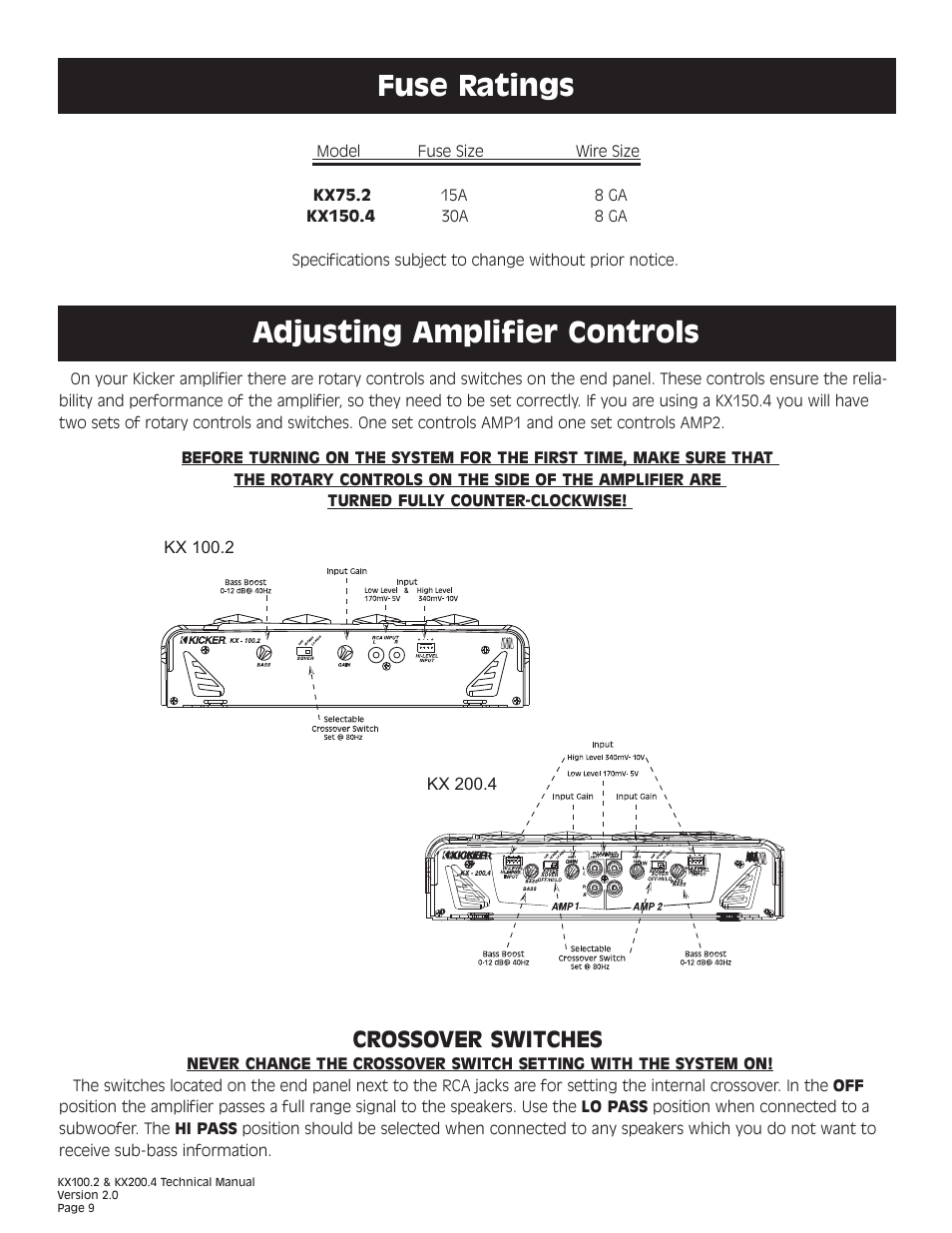 Adjusting amplifier controls, Fuse ratings, Crossover switches | Kicker KX200.4 User Manual | Page 9 / 20