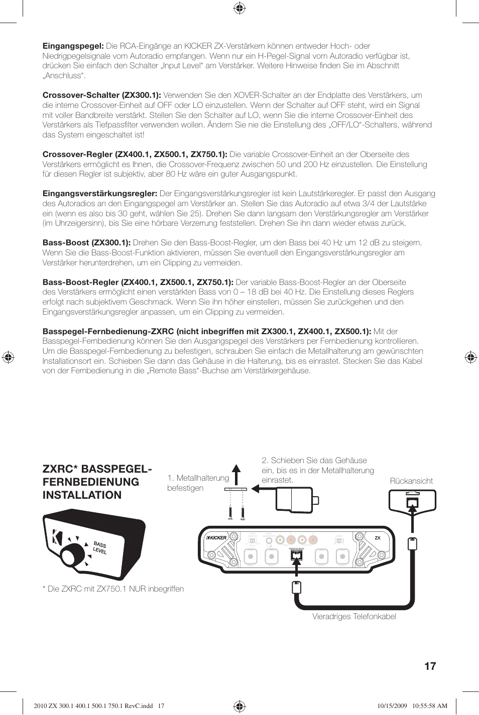 Zxrc* basspegel- fernbedienung installation | Kicker ZX300.4 User Manual | Page 17 / 28