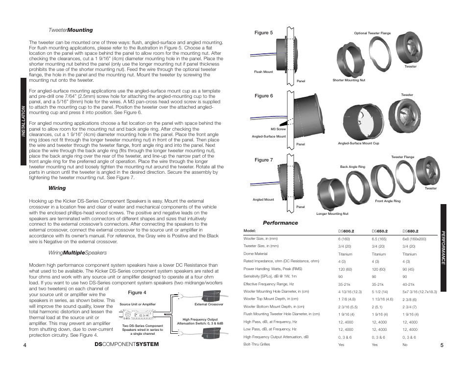 45 ds component system, Tweeter mounting, Wiring | Wiring multiple speakers, Performance | Kicker DS600.2 User Manual | Page 3 / 4