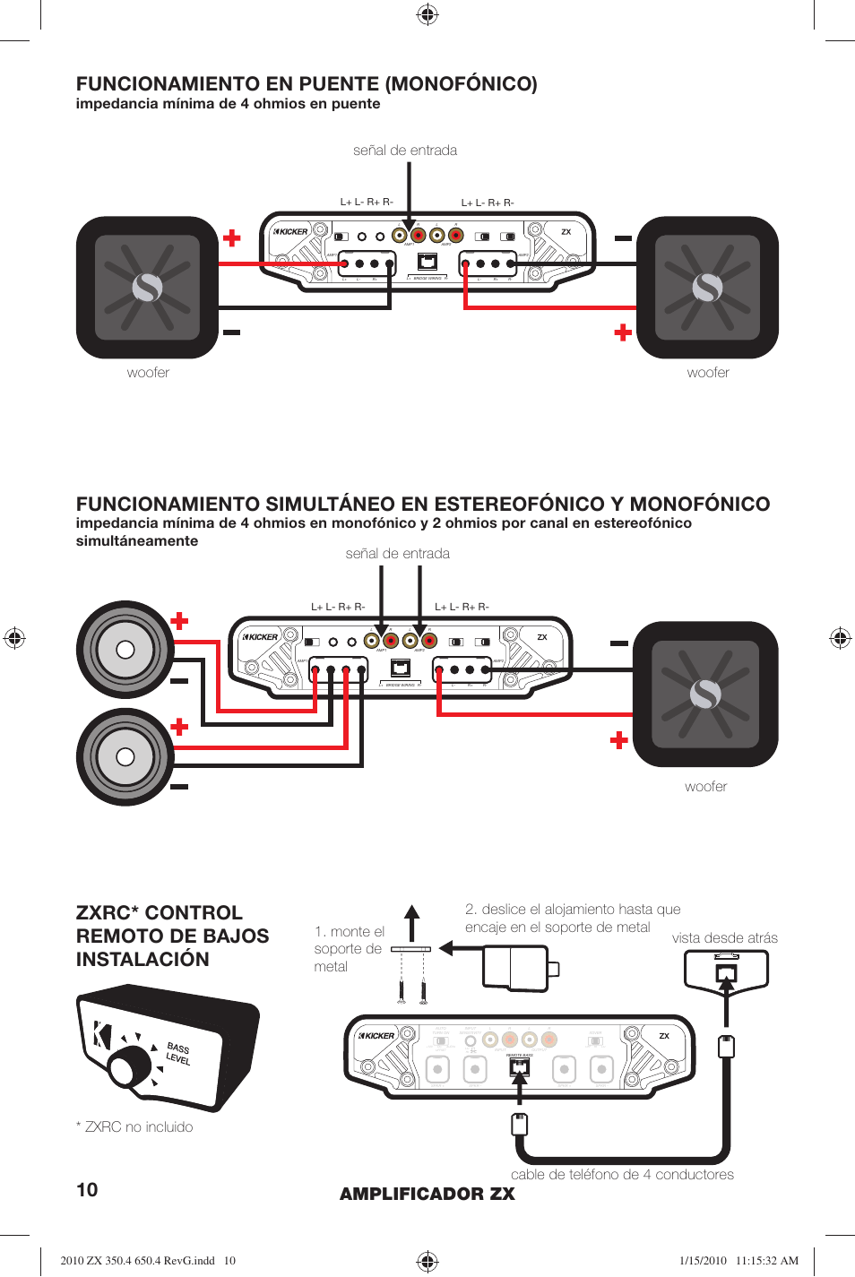 Funcionamiento en puente (monofónico), Zxrc* control remoto de bajos instalación, Amplificador zx | Impedancia mínima de 4 ohmios en puente, Señal de entrada | Kicker ZX-350.4  EU User Manual | Page 10 / 28