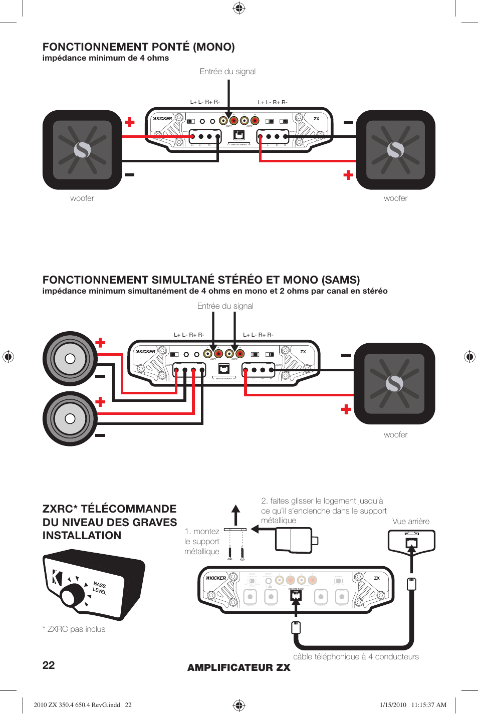 Fonctionnement ponté (mono), Fonctionnement simultané stéréo et mono (sams), Amplificateur zx | Impédance minimum de 4 ohms | Kicker ZX-350.4  EU User Manual | Page 22 / 28