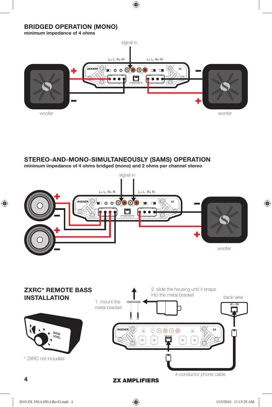 Bridged operation (mono), Zxrc* remote bass installation, Stereo-and-mono-simultaneously (sams) operation | Zx amplifiers, Minimum impedance of 4 ohms, Signal in | Kicker ZX-350.4  EU User Manual | Page 4 / 28