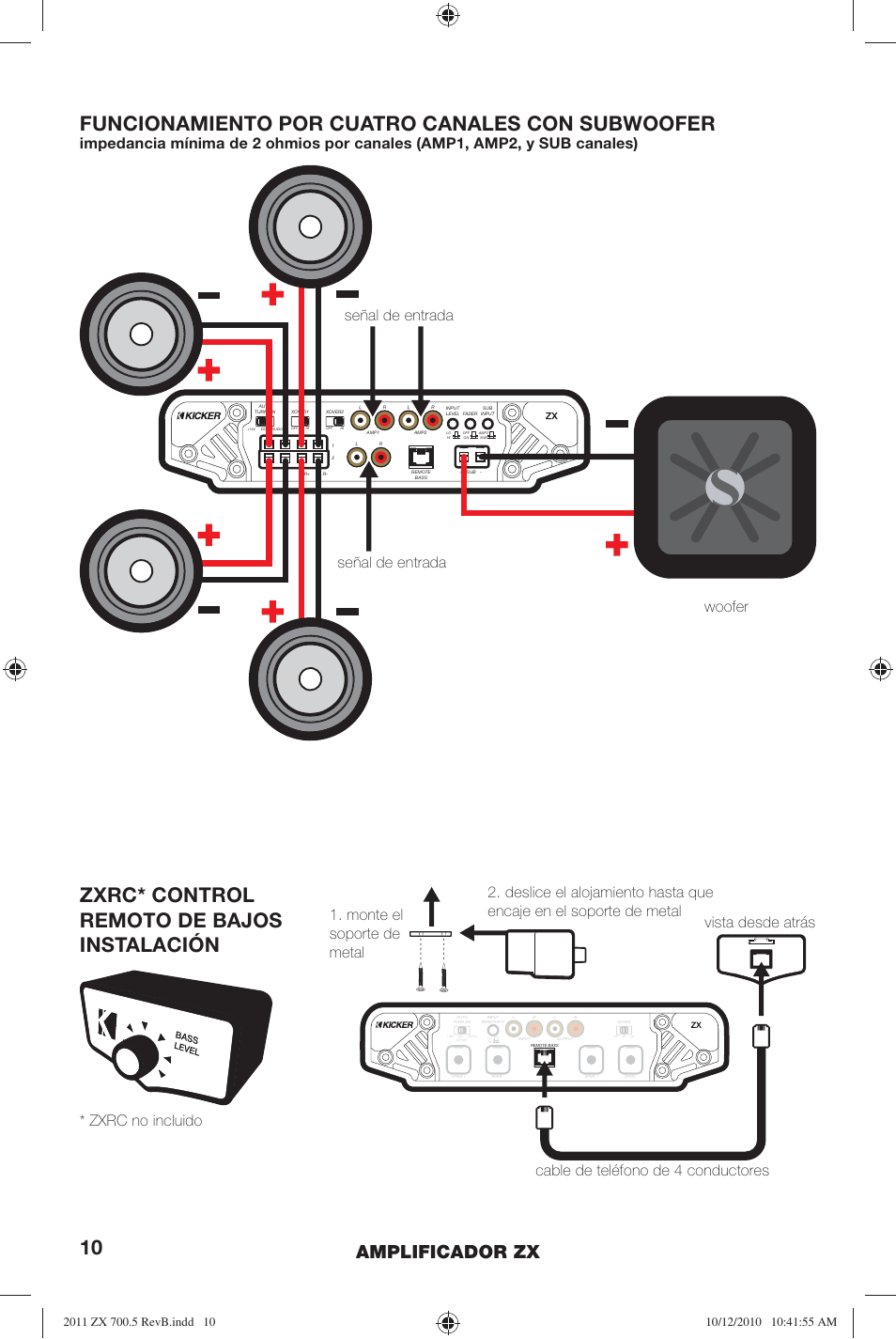 Funcionamiento por cuatro canales con subwoofer, Zxrc* control remoto de bajos instalación, Amplificador zx | Señal de entrada | Kicker ZX700.5 User Manual | Page 10 / 28