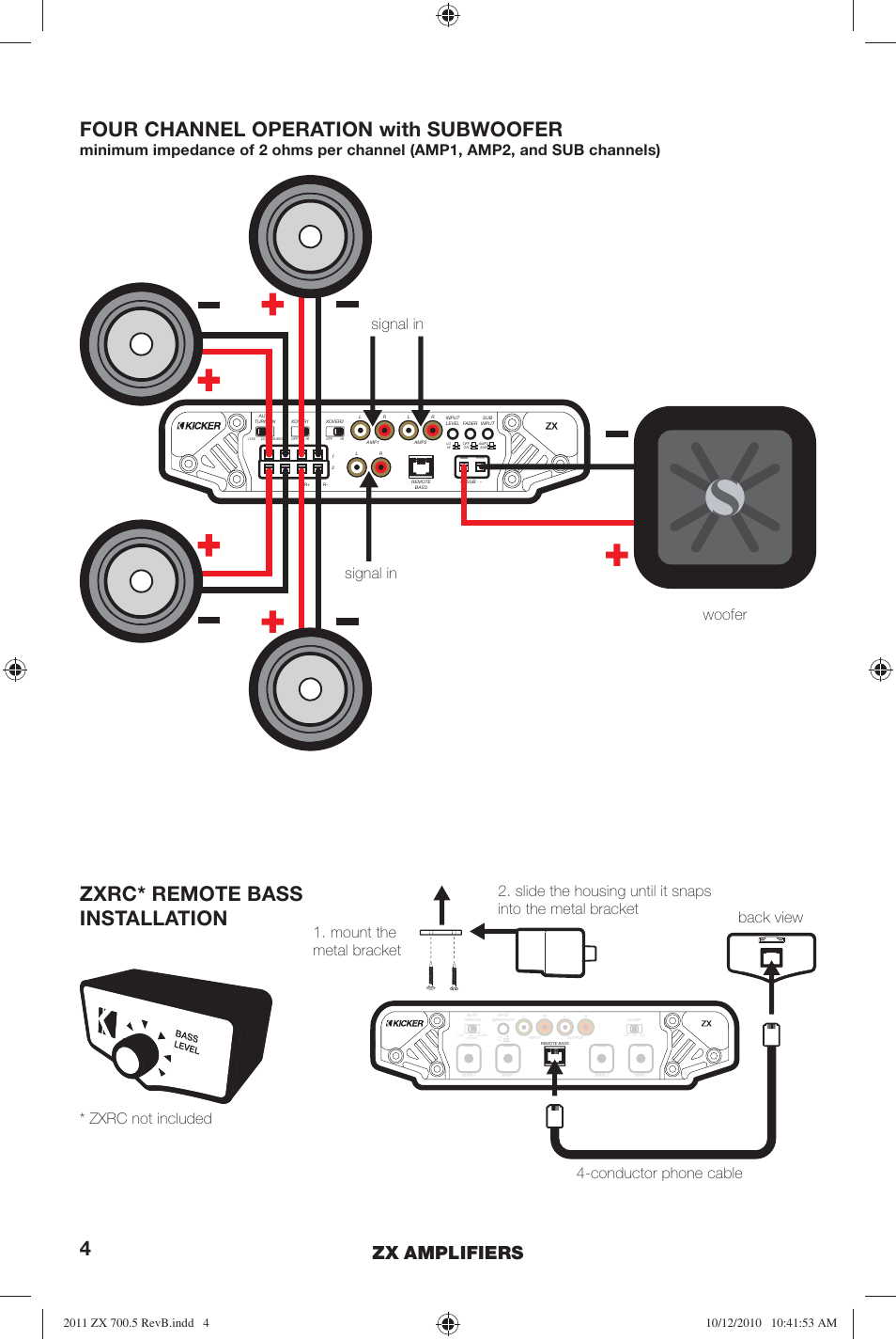 Zxrc* remote bass installation, Four channel operation with subwoofer, Zx amplifiers | Signal in, Signal in woofer | Kicker ZX700.5 User Manual | Page 4 / 28