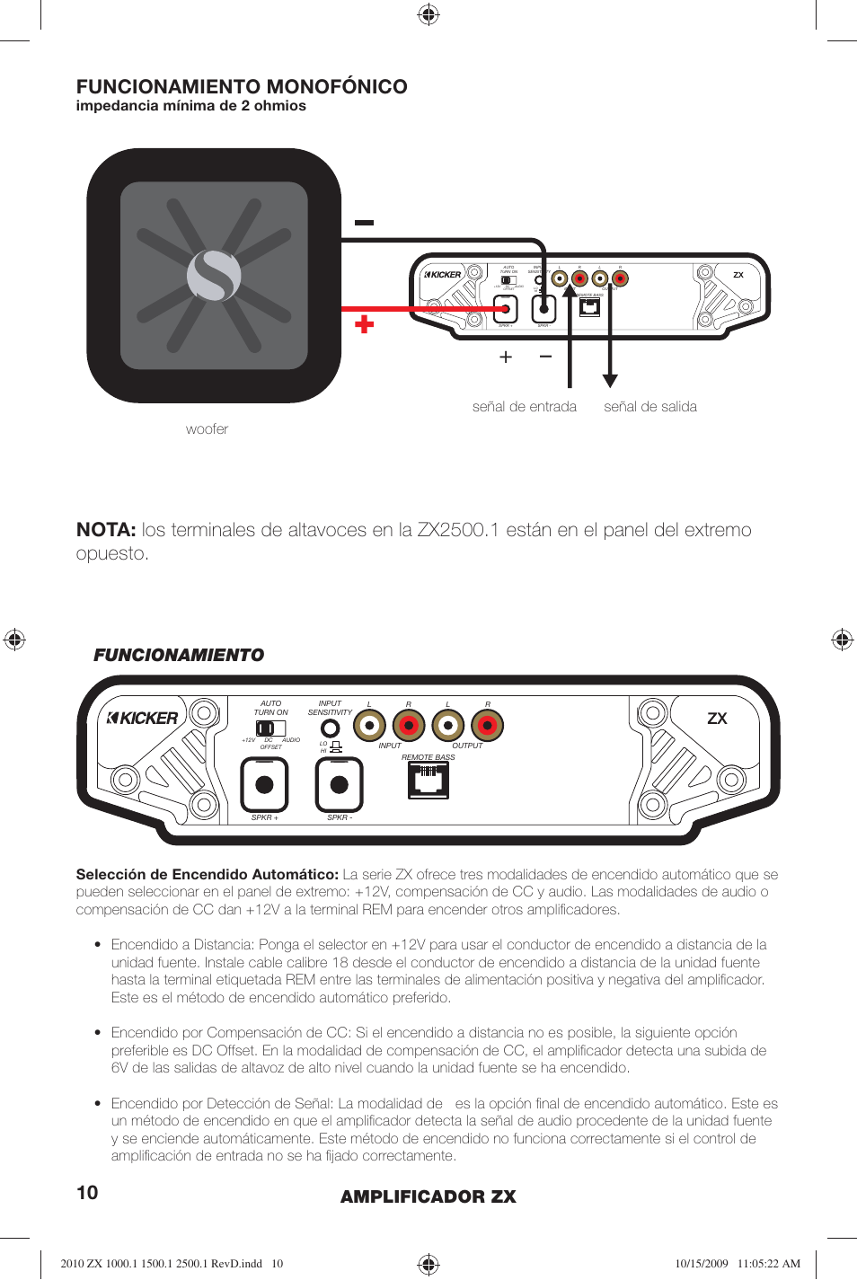Funcionamiento monofónico, Amplificador zx, Funcionamiento | Kicker ZX2500.1  EU User Manual | Page 10 / 28