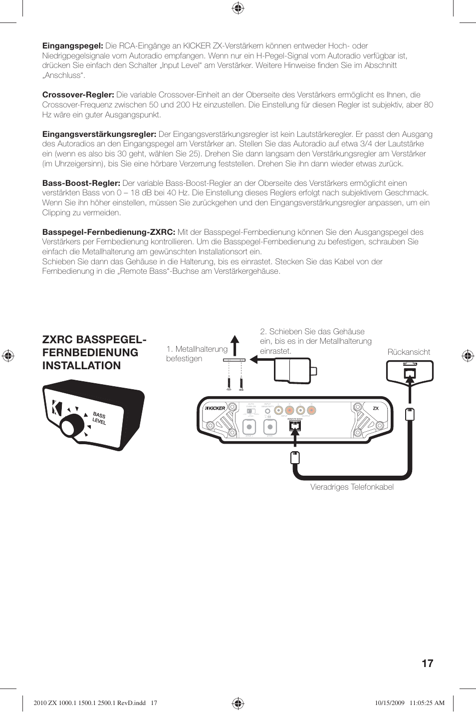 Zxrc basspegel- fernbedienung installation | Kicker ZX2500.1  EU User Manual | Page 17 / 28
