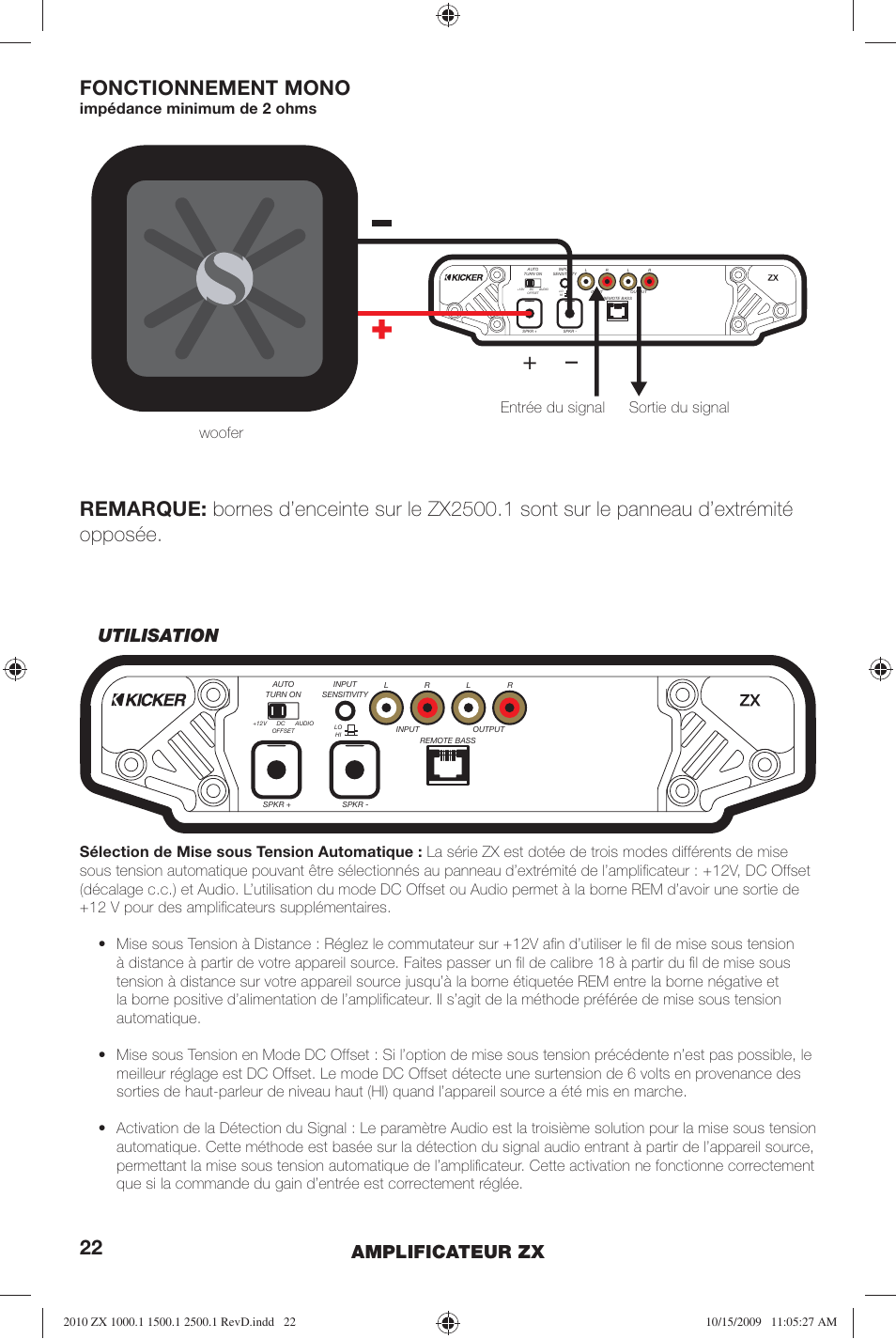 Fonctionnement mono, Amplificateur zx, Utilisation | Impédance minimum de 2 ohms woofer | Kicker ZX2500.1  EU User Manual | Page 22 / 28