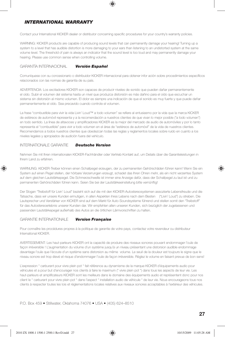 International warranty | Kicker ZX2500.1  EU User Manual | Page 27 / 28