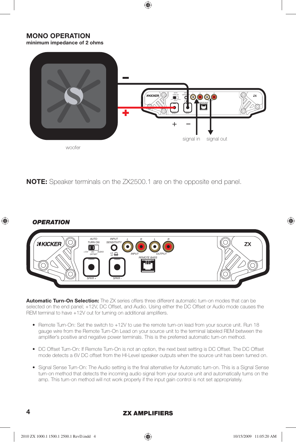 Mono operation, Zx amplifiers, Operation | Kicker ZX2500.1  EU User Manual | Page 4 / 28