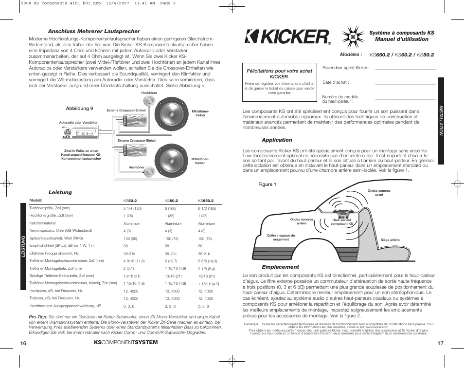 Ks component system, Leistung, Anschluss mehrerer lautsprecher | Application, Emplacement, Système à composants ks manuel d’utilisation | Kicker KS650.2 User Manual | Page 9 / 12