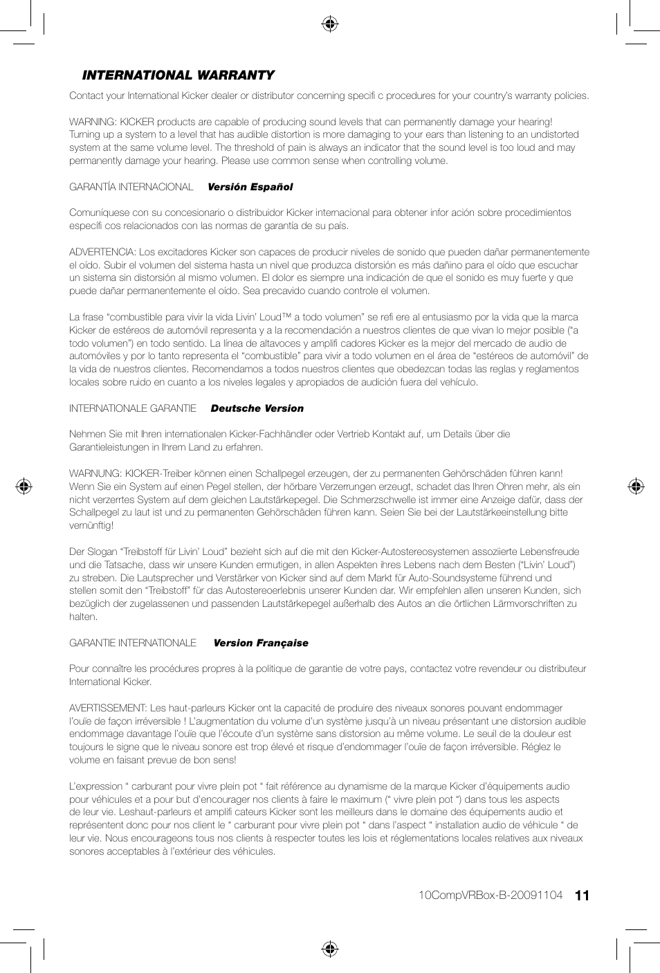 International warranty | Kicker COMPVR DCVR12  EU User Manual | Page 11 / 12