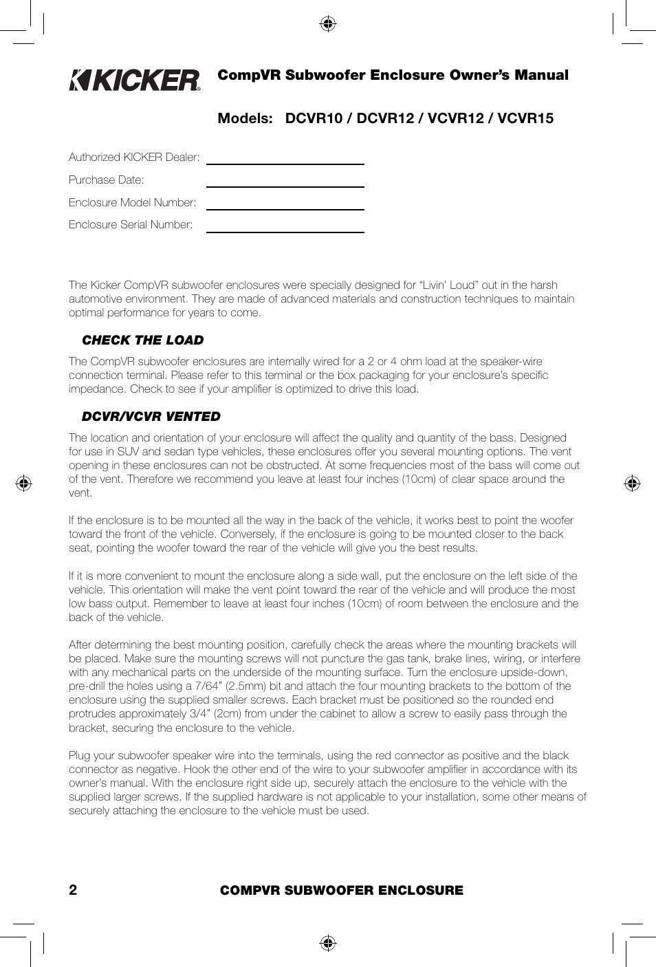 Compvr subwoofer enclosure owner’s manual | Kicker COMPVR DCVR12  EU User Manual | Page 2 / 12