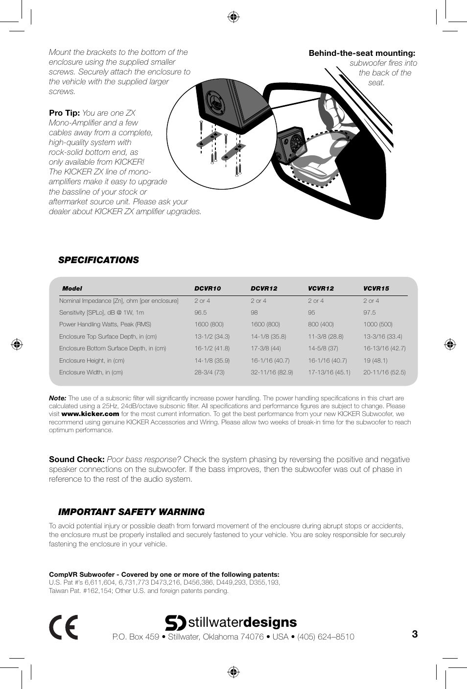 Stillwater designs, Important safety warning, Specifications | Kicker COMPVR DCVR12  EU User Manual | Page 3 / 12