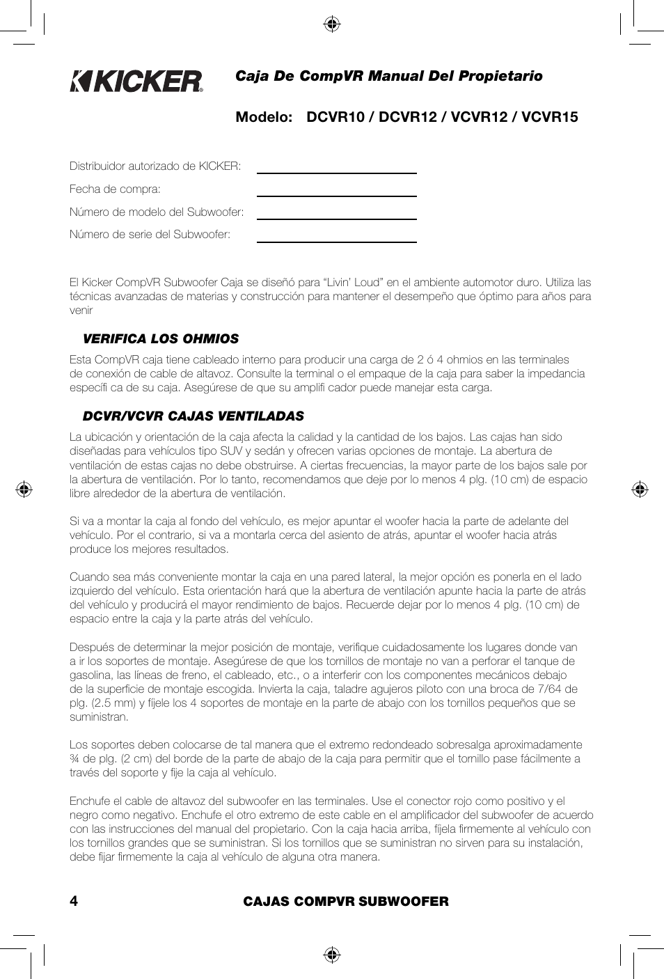 Caja de compvr manual del propietario | Kicker COMPVR DCVR12  EU User Manual | Page 4 / 12