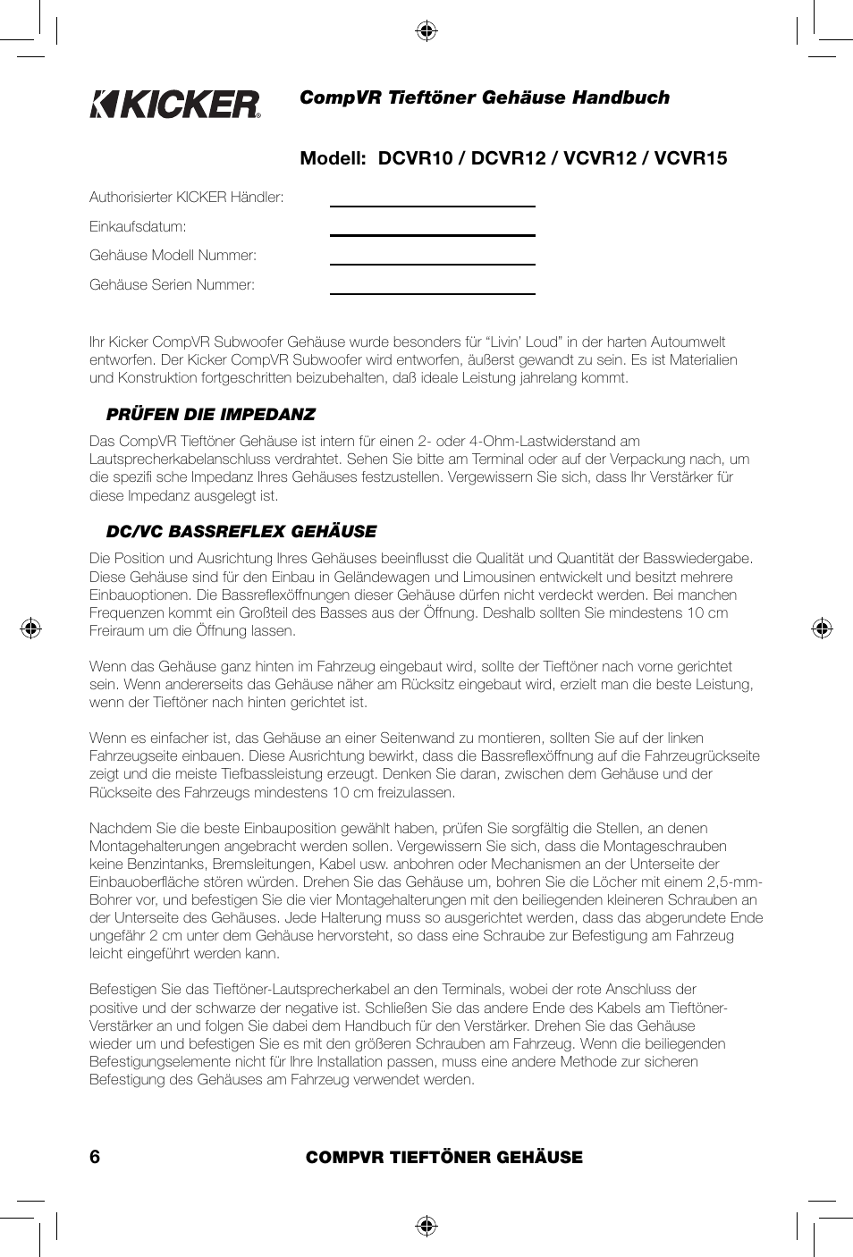 Compvr tieftöner gehäuse handbuch | Kicker COMPVR DCVR12  EU User Manual | Page 6 / 12