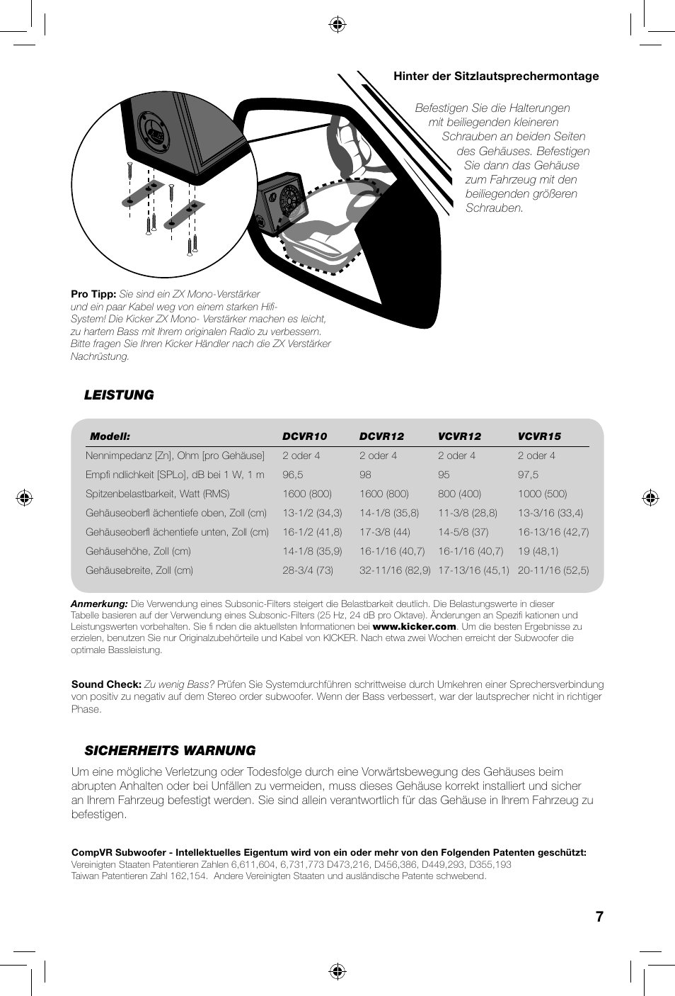 Sicherheits warnung, Leistung | Kicker COMPVR DCVR12  EU User Manual | Page 7 / 12