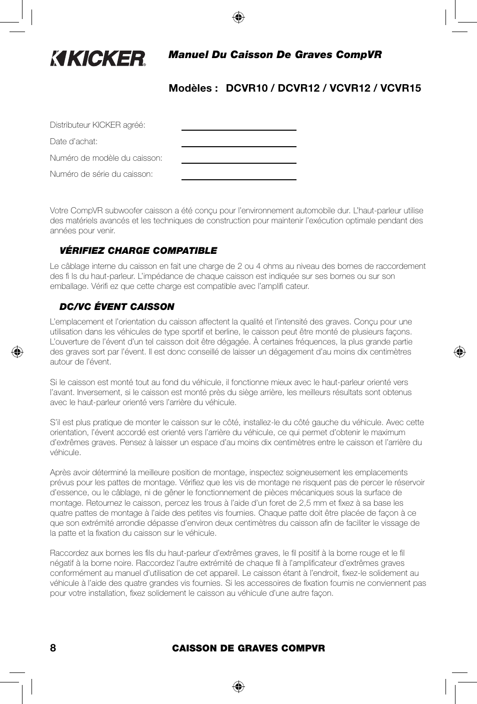 Manuel du caisson de graves compvr | Kicker COMPVR DCVR12  EU User Manual | Page 8 / 12