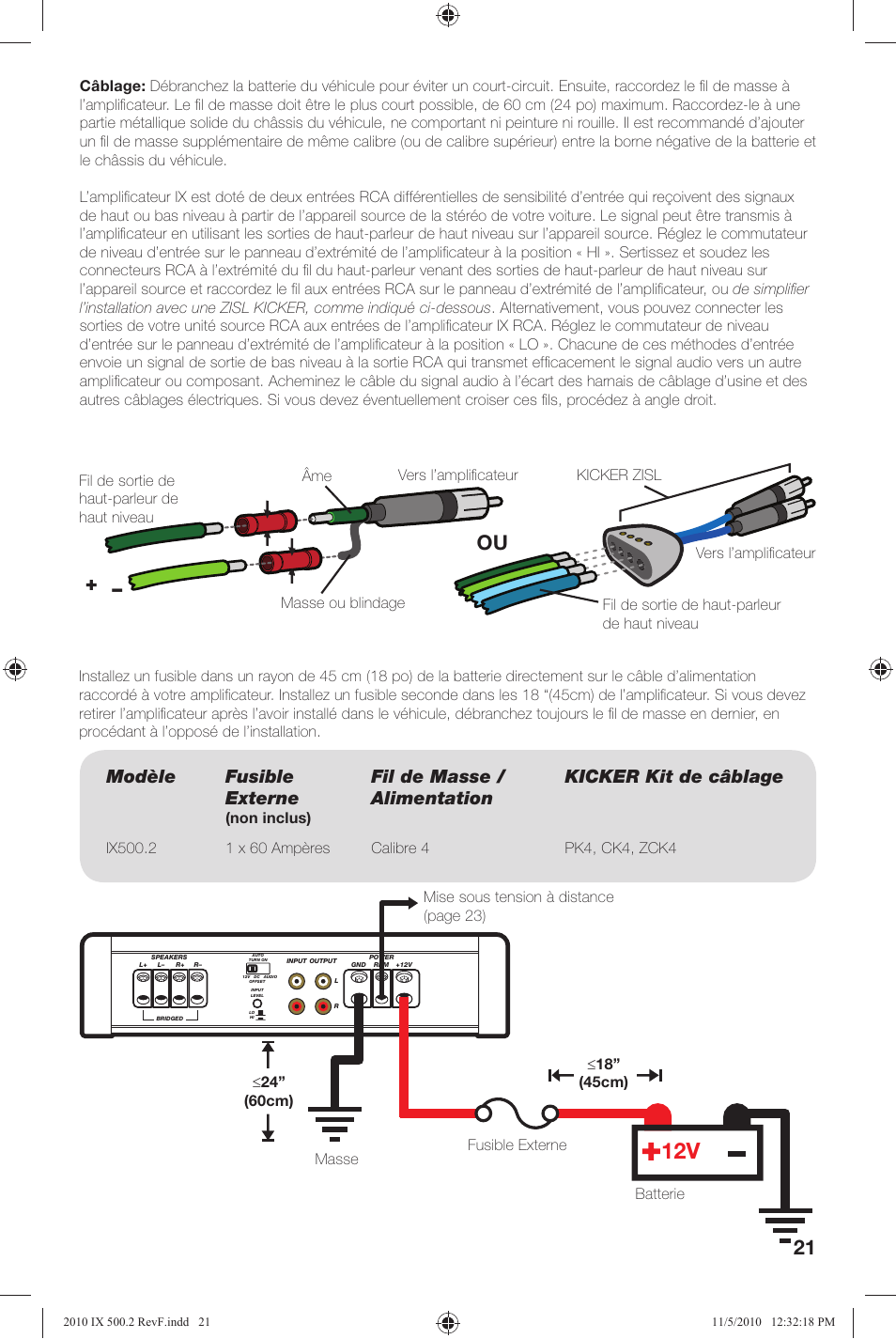 Modèle fusible externe, Fil de masse / alimentation kicker kit de câblage, Non inclus) | Kicker IX500.2 User Manual | Page 21 / 28