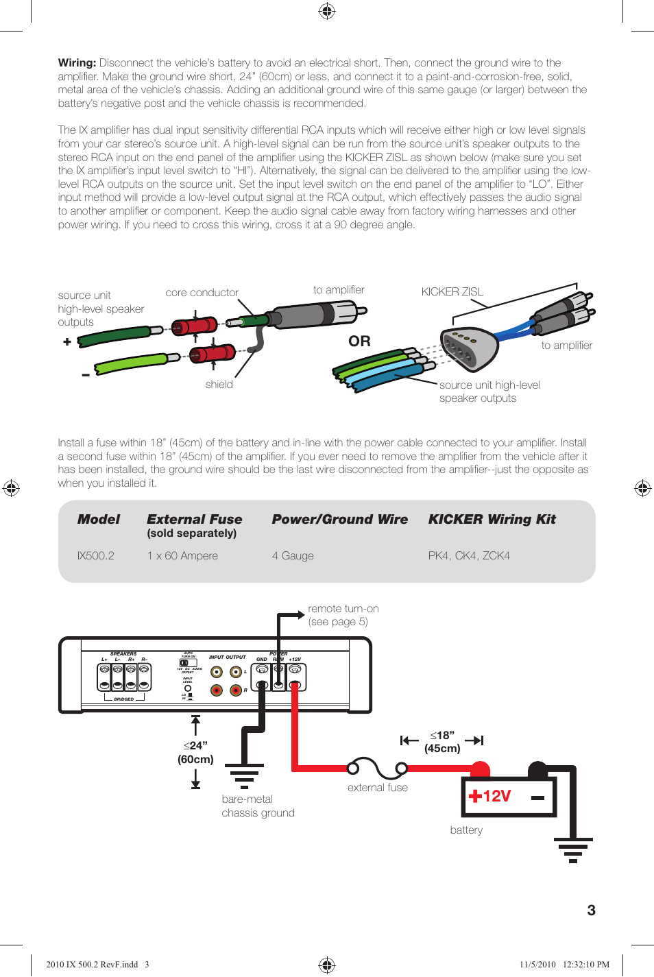 Model external fuse, Power/ground wire kicker wiring kit, Sold separately) | Kicker IX500.2 User Manual | Page 3 / 28