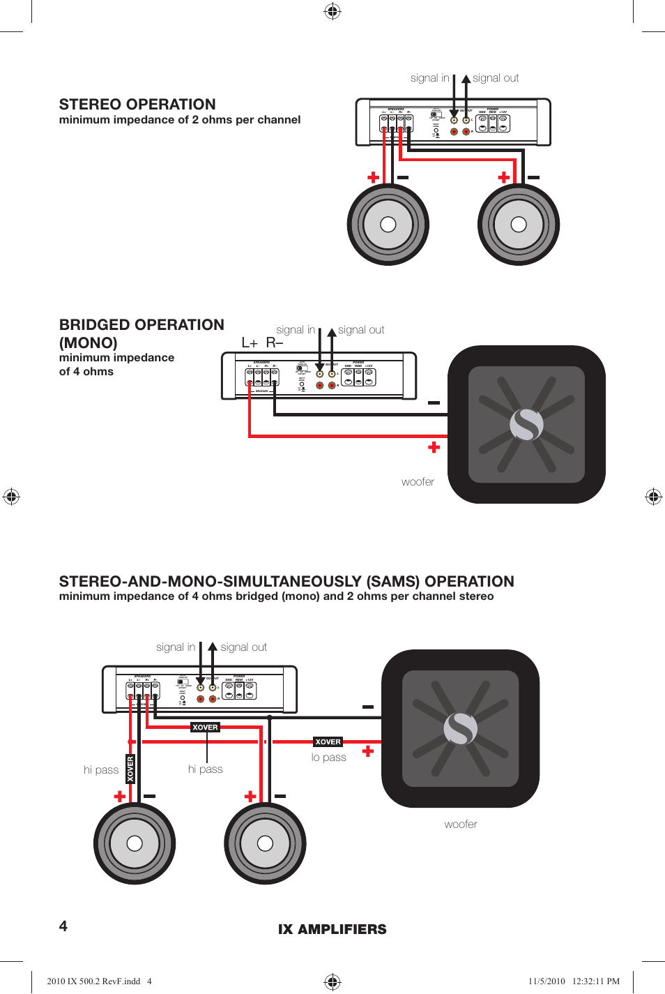 Bridged operation (mono), Stereo operation, Stereo-and-mono-simultaneously (sams) operation | L+ r, Ix amplifiers, Minimum impedance of 4 ohms woofer woofer, Minimum impedance of 2 ohms per channel | Kicker IX500.2 User Manual | Page 4 / 28