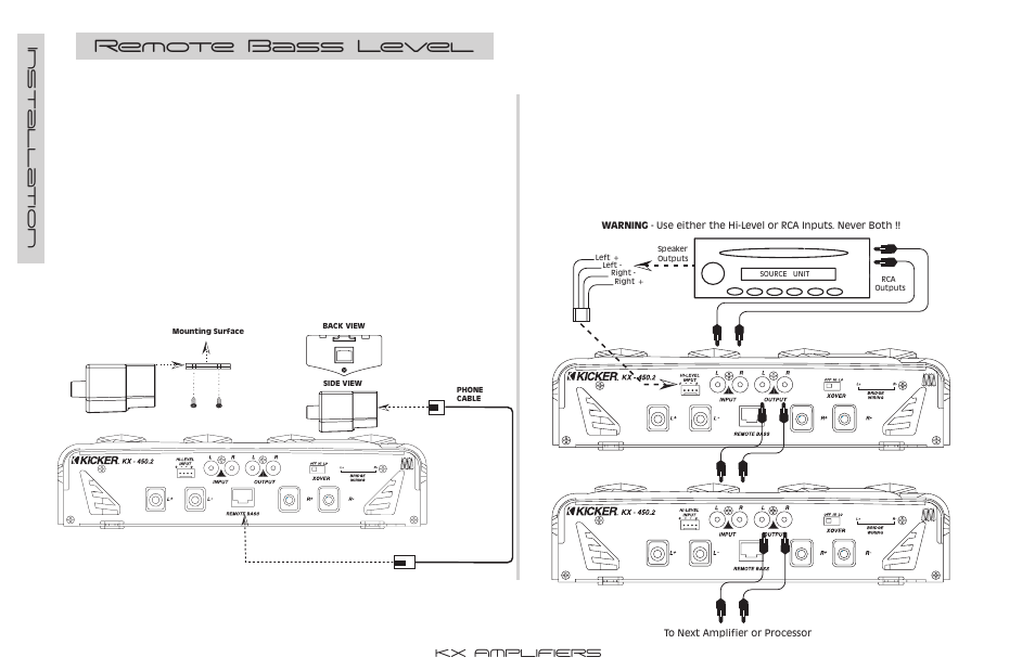 Remote bass level, Using the signal output jacks (past), Installa tion | Kicker KX350.2 User Manual | Page 6 / 16