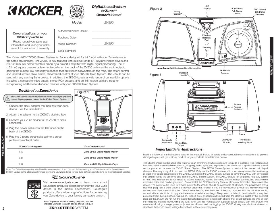 Docking your zune device, Digital stereo system for zune, Owner’s manual | Zk 500 stereo system 3, Important safety instructions | Kicker ZKICK ZK500 User Manual | Page 2 / 4