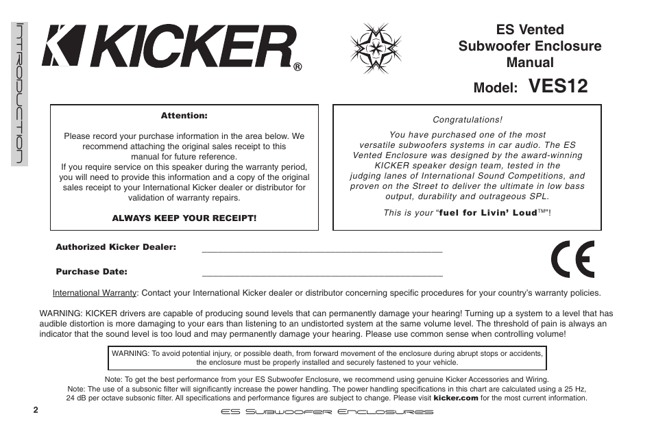 Ves12, Es vented subwoofer enclosure manual model | Kicker VES12 User Manual | Page 2 / 10