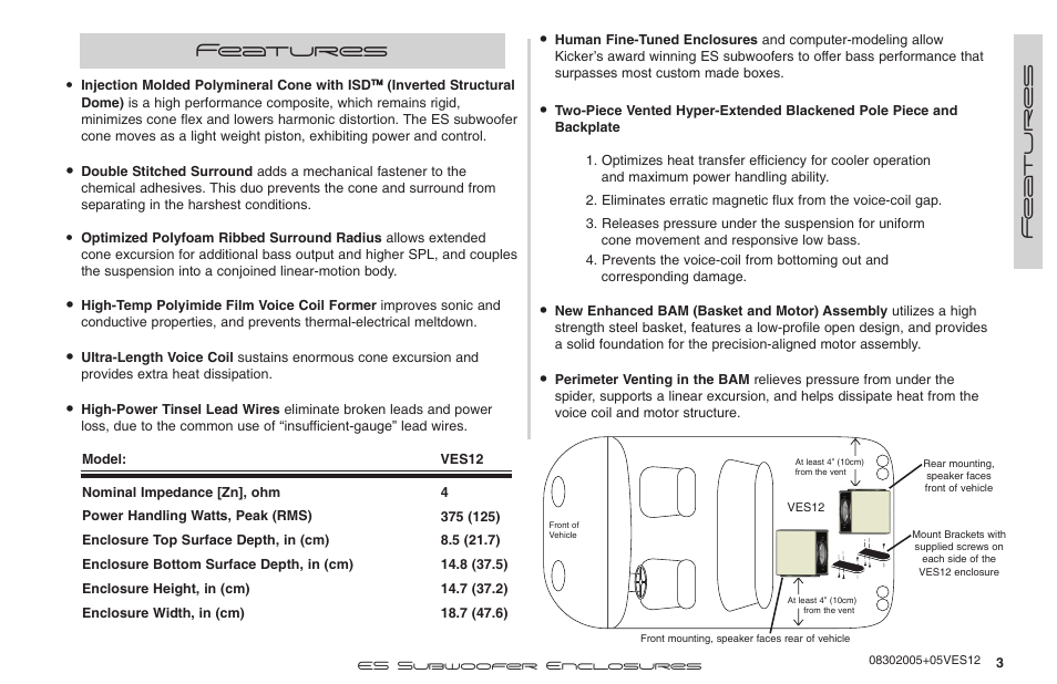 Features, Fe a tures | Kicker VES12 User Manual | Page 3 / 10